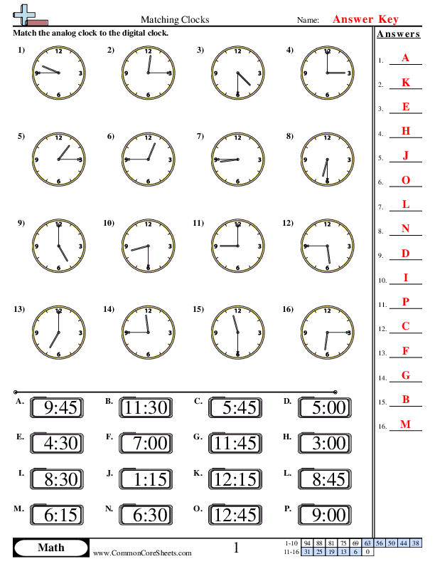  - Matching Clocks (15 minute increments) worksheet